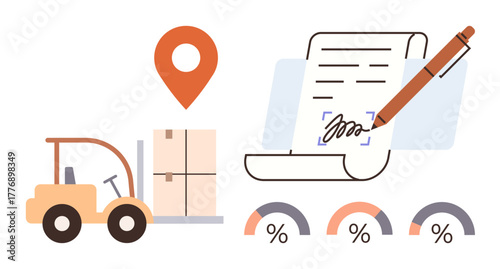 Forklift carrying packages, document signing with pen, location pinpoint, and progress charts for logistics, shipment, supply chain, delivery, planning, contract management tracking and simple flat