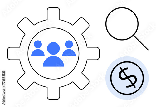 Gear with three blue people icons, magnifying glass, and dollar icon. Ideal for teamwork, management, productivity, efficiency, financial planning optimization coordination. Simple flat metaphor