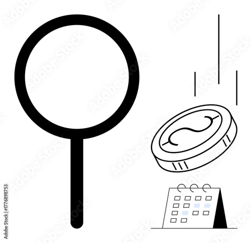 Magnifying glass beside a falling coin and calendar, symbolizing financial analysis, investment planning, savings, budgeting, deadlines, goal management, and focus. A simple flat metaphor