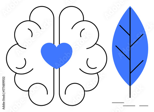 Brain outline with blue heart at the center and stylized blue leaf standing upright. Ideal for mental health, mindfulness, sustainability, emotional balance, eco-consciousness, wellness