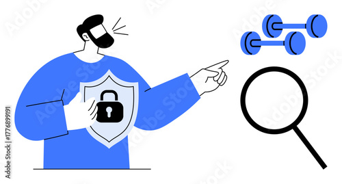 Man holding shield with a lock, pointing at dumbbells and magnifying glass, emphasizing security, fitness, and exploration. Ideal for personal growth, fitness safety, data protection, focus