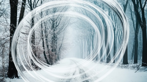 A snow covered road with trees in the background
