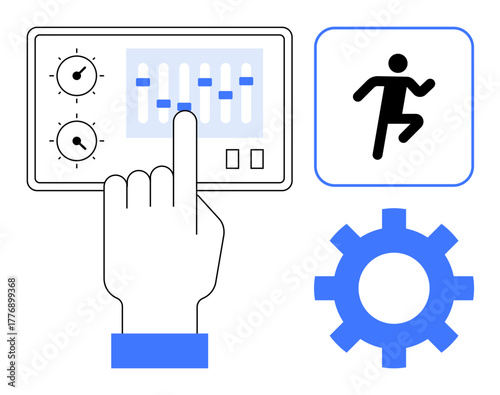 Hand interacts with control panel featuring sliders and dials next to running figure and gear. Ideal for automation, customization, sports management, productivity, optimization, innovation