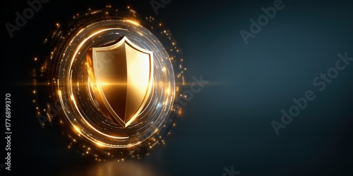 AI Ethics Concept. A glowing golden shield symbolizing security and protection, surrounded by a radiant circular design against a dark background.