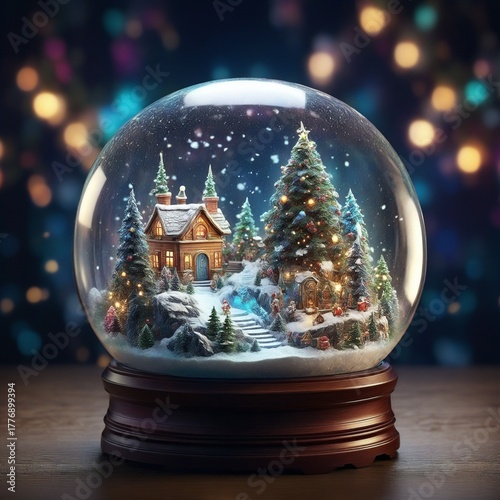 Magical Christmas Snow Globe with Bokeh Lights