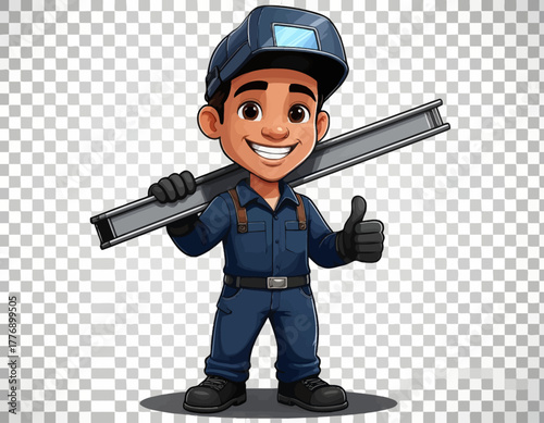 Friendly Welder Holding Metal Beam with a Thumbs Up on a Transparent Background