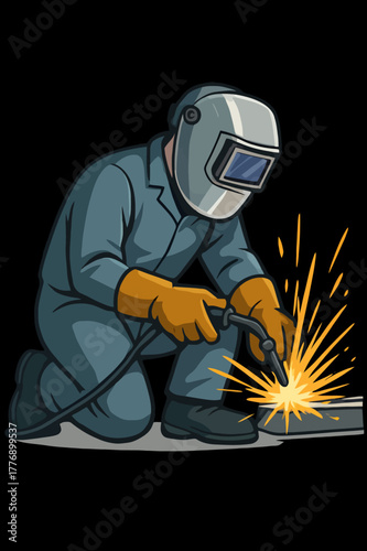 Illustration of an industrial welder in a protective helmet and uniform, kneeling to perform metalwork with a glowing torch and bright sparks