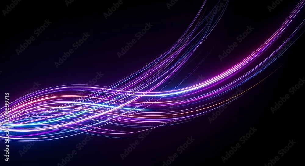 Naklejka premium Vibrant flowing neon light trails on a dark background, a futuristic abstract wave pattern illustration