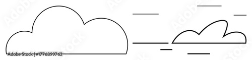 Two clouds of different sizes with horizontal motion lines conveying movement. Ideal for weather, speed, motion, environment, simplicity, transport, and networking. Clean simple flat metaphor