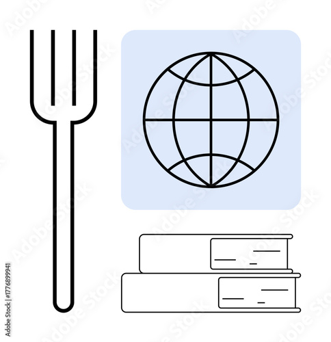 Fork, globe, and stacked books in bold lines represent global cuisine, cultural exchange, education, and learning. Ideal for globalization, food diversity, education travel sustainability cultural