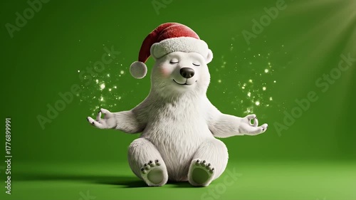 Cute 3D Polar Bear Character in Santa Hat Meditating in Yoga Pose Against Green Screen with Magic Particles and Copy Space.
