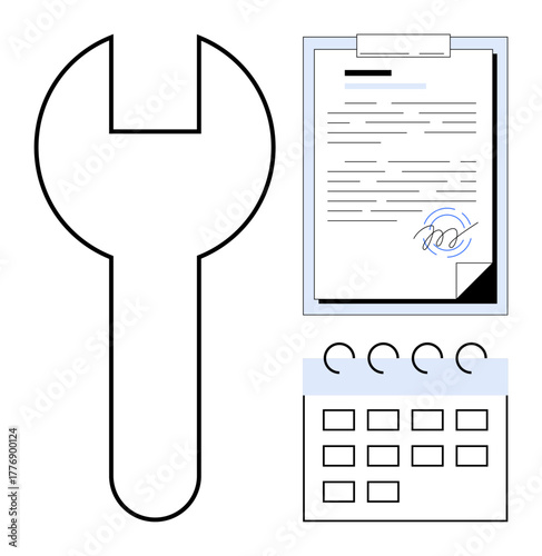 Wrench beside signed document and calendar highlights workflow, planning, and approval. Ideal for maintenance, planning, repair scheduling, approval processes, productivity, management teamwork