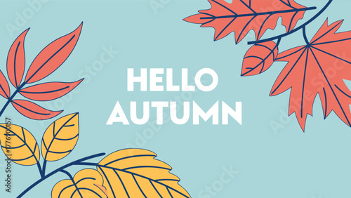 Hello Autumn Background with Colorful Falling Leaves and Berries