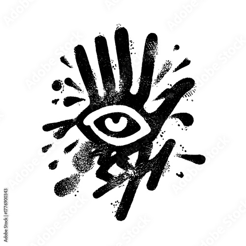 Mysterious third eye symbol with abstract splatters and hand-like elements, evoking spiritual or occult themes for unique designs
