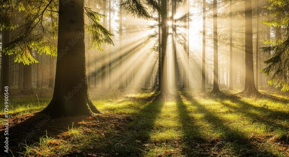 Obraz premium Sunlight streams through the trees in a lush green forest, illuminating the forest floor with golden rays amazon