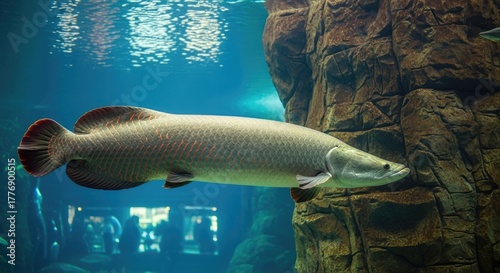 A large arapaima fish swims gracefully in an aquarium near a rocky formation amazon
