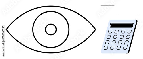 Large eye next to a calculator emphasizing detail, precision, and calculation. Ideal for finance, analytics, vision, focus, precision data accuracy or planning concepts. Simple flat metaphor