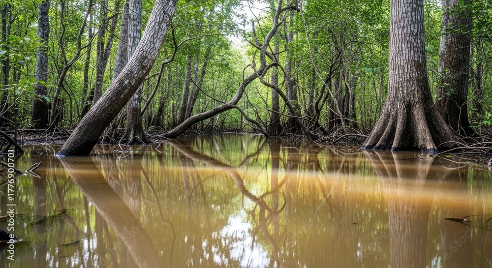 Naklejka premium Mangrove forest with calm water reflecting the trees and sky on a bright day amazon
