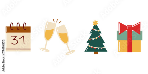 New Year celebration flat set with calendar, champagne glasses, Christmas tree and gift box. Hand drawn vector illustration.
