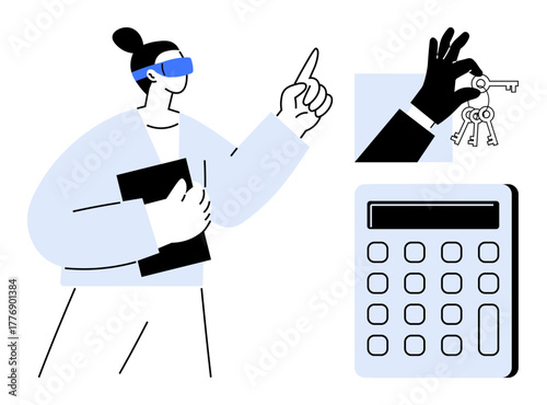Woman holding documents, pointing upwards, hand holding keys, nearby calculator. Ideal for business, finance, decision-making, real estate planning strategy leadership. Clean simple flat metaphor