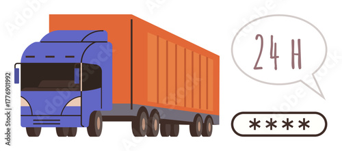 Orange and blue cargo truck with speech bubble stating 24H for all-day service. Secure login pad symbolizes logistics, reliability, speed, and delivery. Ideal for transport, security, time