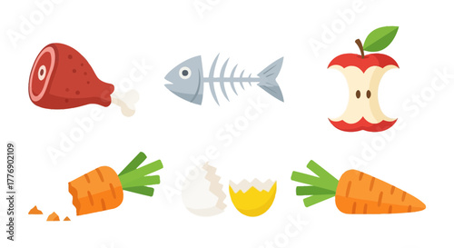 Illustration of food waste including meat, fish bones, apple core, carrots, and eggshell.