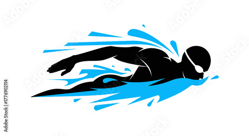 Silhouette of a swimmer in a streamline position, surrounded by stylized blue water splashes, conveying speed and motion.