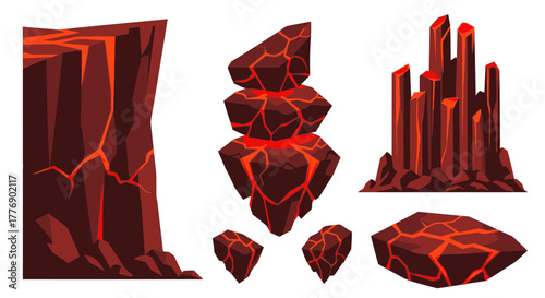 Illustration of various volcanic rock formations with glowing lava cracks, including a cliff, floating islands, and tall pillars, set against a white background.