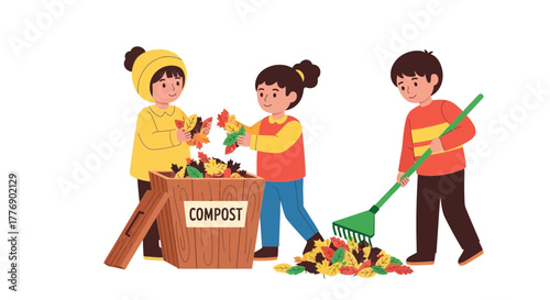 Three children are composting leaves; two are adding leaves to a compost bin, and one is raking leaves.