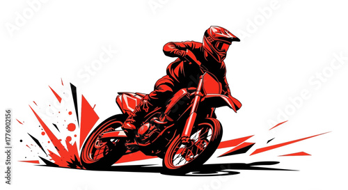 Red illustration of a motocross rider in full gear speeding forward, with dynamic abstract shapes suggesting motion and impact.