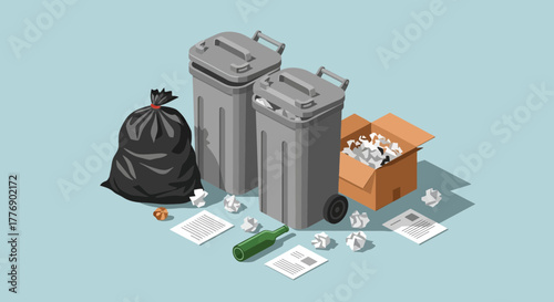 Isometric illustration depicting overflowing trash cans, a black garbage bag, a cardboard box filled with paper, and scattered waste on a blue surface.