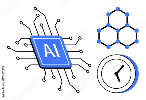 AI chip with circuit lines, hexagonal molecular structure, and clock. Ideal for technology, AI, innovation, science, research time management future concepts. Simple flat metaphor