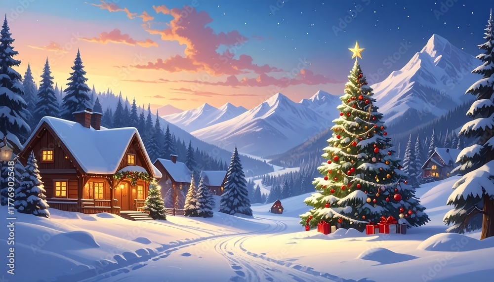 Naklejka premium A snowy village scene with a decorated Christmas tree in the center, flanked by cozy cabins and majestic snow-capped mountains. The sky glows with sunset hues