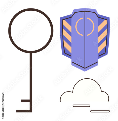 Key outlines access, shield stands for protection, cloud signifies modern storage. Ideal for security, access control, digital safety, cloud computing, data protection encryption privacy. Simple