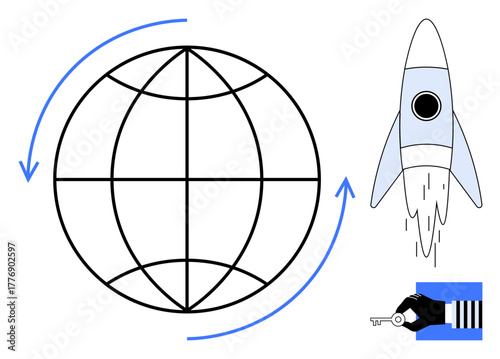 Globe surrounded by arrows, rocket launching, hand holding key. Ideal for global growth, startups, technology, innovation, globalization networking success. Simple flat metaphor