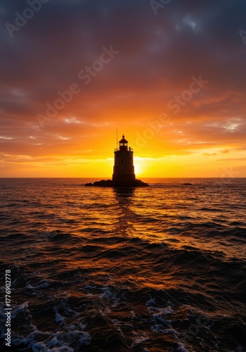 Stunning coastal scene featuring a historic tower beacon silhouetted against brilliant orange and yellow sunset skies above the churning water ,colorful ,idyllic ,red