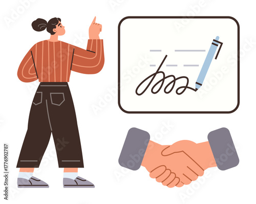 Person gesturing towards signed document and handshake symbolizing professionalism, trust, and commitment. Ideal for business deals, partnerships, legal terms, contracts, communication, negotiations