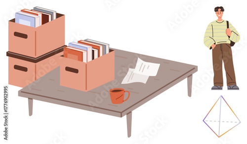 Cardboard boxes filled with books on wooden table, scattered papers, coffee mug. Male student with bag. Ideal for learning, organization, education, student life, workspace minimalism preparation