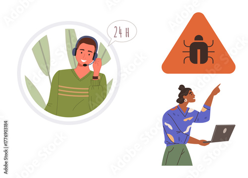 Man with headset providing 24-hour support, woman with laptop identifying software bug. Ideal for customer service, IT support, troubleshooting, communication, technology, problem-solving, simple
