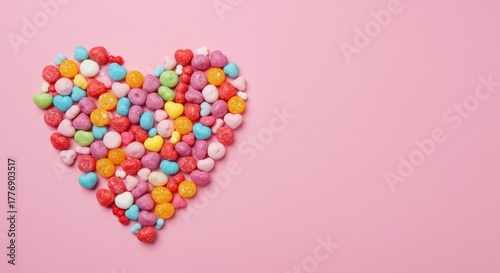 Vibrant assortment of sugary confectionery arranged into a perfect heart shape, centered on a bright, smooth, pastel pink surface ,smooth ,pastel ,dessert