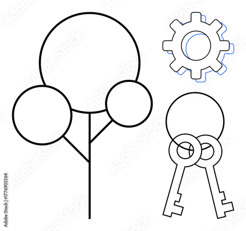 Abstract tree with three circular branches, gear symbol, and two crossed keys. Ideal for growth, creativity, innovation, problem-solving, teamwork security and simplicity. Simple flat metaphor