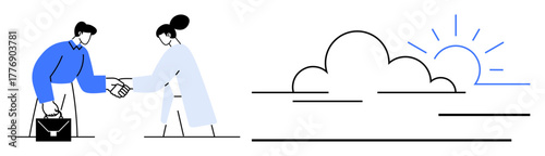 Two professionals shaking hands symbolize partnership and collaboration, accompanied by a rising sun and clouds representing hope, growth, and new beginnings. Ideal for business, teamwork