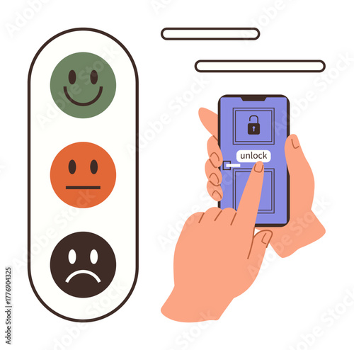 Hands interact with a smartphone to unlock while happiness, neutrality, and sadness icons indicate feedback. Ideal for security, feedback, UX design, customer satisfaction, technology, accessibility