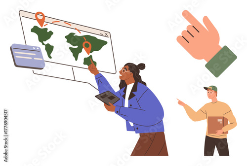 Person pointing at a world map with location markers, holding a tablet. Another individual holds a package, emphasizing teamwork, planning, and global delivery. Ideal for logistics, teamwork