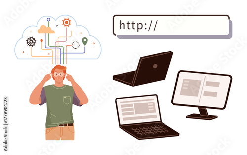 Man thinking with tech cloud above, connected to laptops, monitors, and HTTP bar elements. Ideal for ideas, innovation, technology, connectivity creativity brainstorming digital concepts. Simple