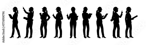 Silhouettes of female engineers and architects in helmets standing with blueprints, tablets, and clipboards. Professional women in engineering. Vector flat style illustration isolated on white