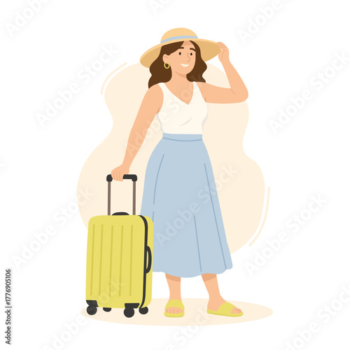 casual woman packing and preparing for beach and city adventures, casual female traveler reviews her itinerary on smartphone before enjoying seaside and urban