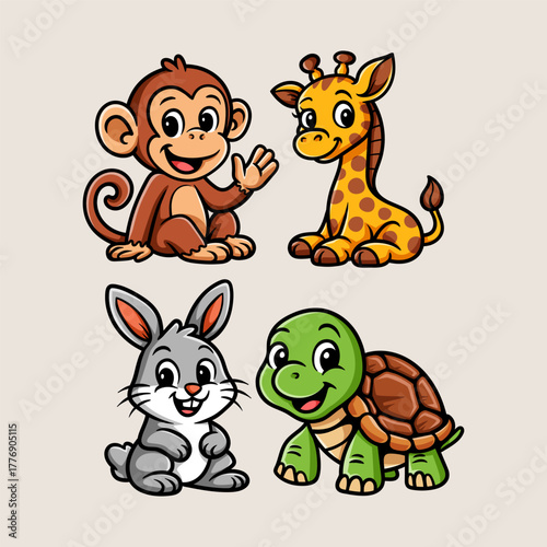 Fun monkey giraffe rabbit and turtle animal compilation cartoon character isolated drawing line style design illustration