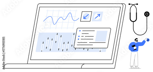 Digital chart and data on laptop, stethoscope hanging nearby and figure holding medical file. Ideal for healthcare, data analysis, technology, telemedicine, diagnostics, research, flat metaphor