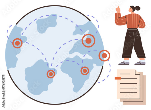 Planet with linked points indicating worldwide connections, woman strategizing, stack of papers nearby. Ideal for teamwork, communication, globalization, technology, education, logistics planning